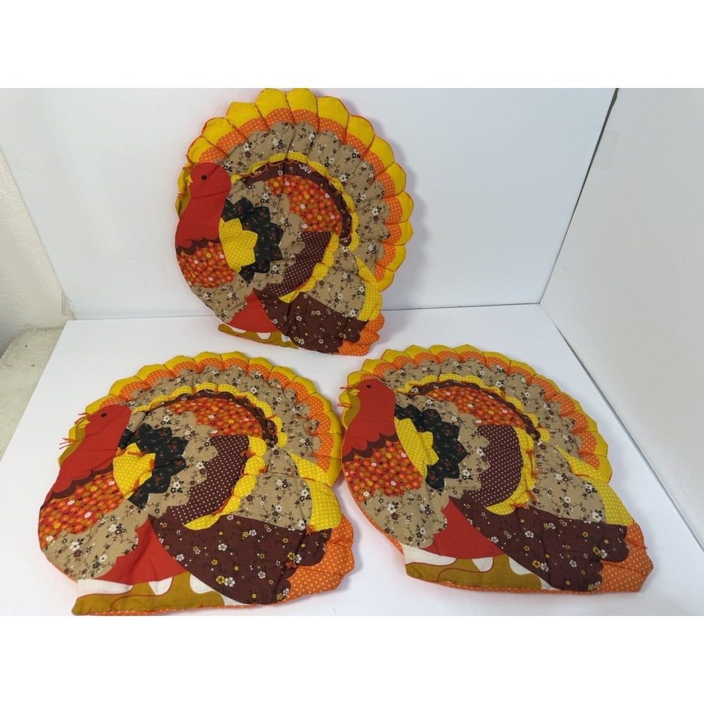 Quilted Turkey Handmade Thanksgiving Decor Placemats Set of 3‎ Vintage Holiday